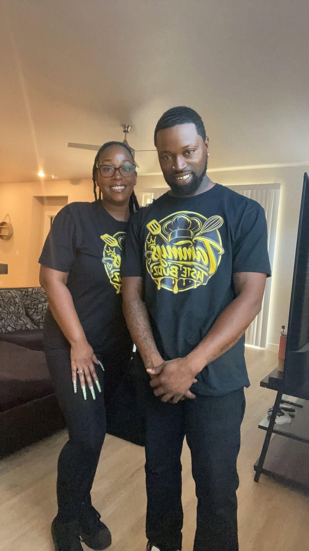 Tammy and her husband Bud wearing Tammy's Taste Budz shirts